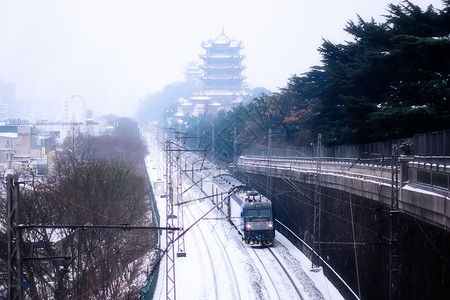 历史铁路武汉黄鹤楼雪景背景
