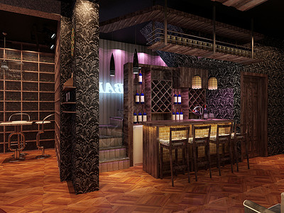 暗调木地板小型酒吧效果图背景