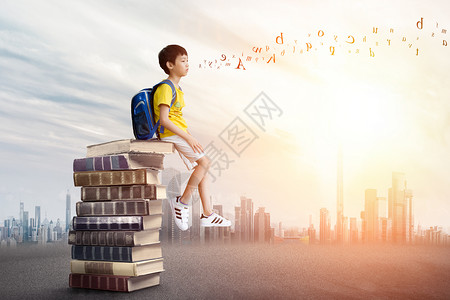 坐在书堆上的小男孩坐在书本上的男孩子设计图片