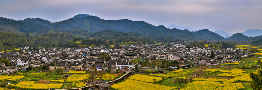 鸟瞰乡村西递全景背景