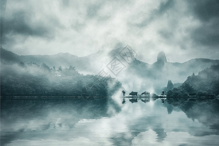 水墨建筑素材充满中国风意境的雾气照片背景
