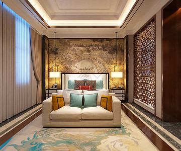 新中式起居室效果图背景图片