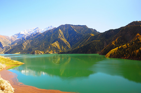 森林湖边倒影新疆天山独库公路龙池风景摄影背景