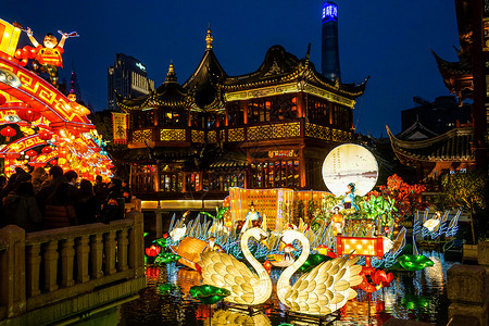 公庙会春节的上海城隍庙庙会张灯结彩背景