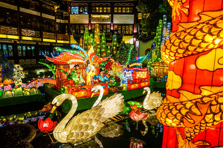狗年装饰春节的上海城隍庙庙会张灯结彩背景
