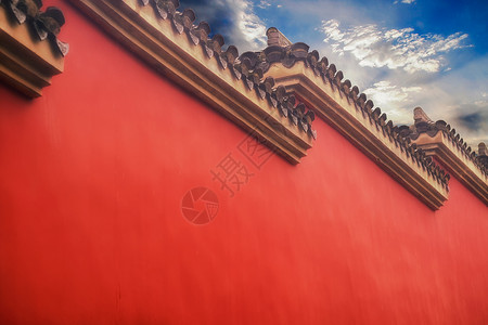 手绘红色夕阳寺庙红色砖墙背景