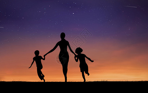 奔跑的一家人夜空下奔跑剪影设计图片