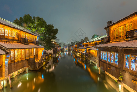 夜景雪景浙江乌镇雪后夜景背景