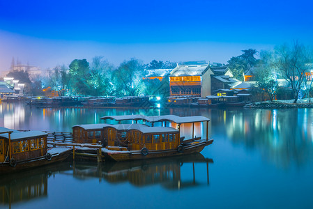 浙江乌镇雪后夜景图片