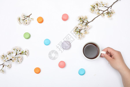 樱花和马卡龙的下午茶高清图片