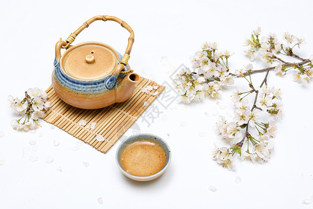 茶与鲜花素材樱花和日式茶具背景