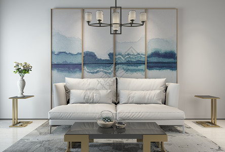 白色花卉盆栽简约沙发客厅效果图设计图片