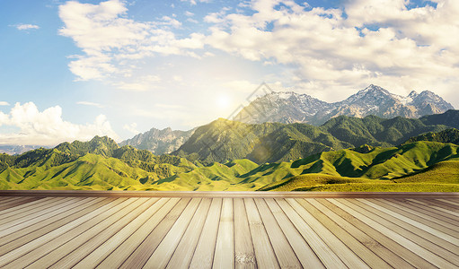 大山日出大山木板风景背景设计图片