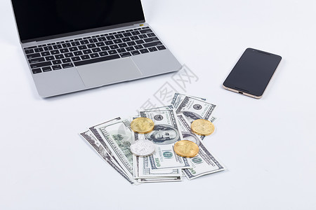 银行电脑素材手机电脑硬币纸币比特币背景