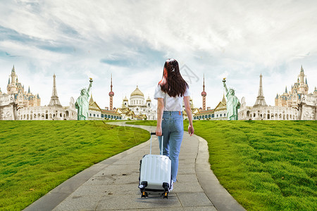 女孩背包旅行环球旅行设计图片