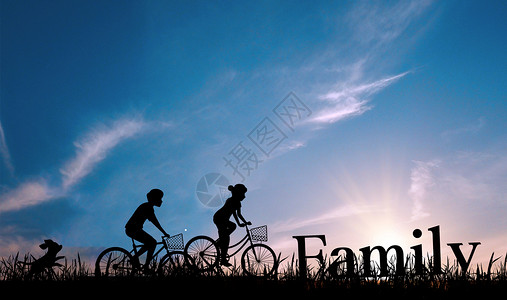 家庭剪影骑单车的孩子高清图片