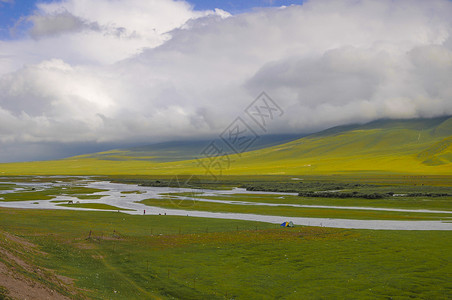 蓝天绿草壁纸新疆巴音布鲁克湿地河流草原背景