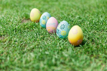 彩绘鸡蛋阳光下草地上的复活节彩蛋背景