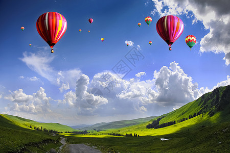 草原上绵绵咩草原上的热气球设计图片