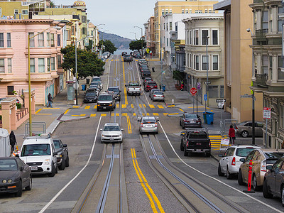 旧金山铛铛车旧金山街道斜坡背景