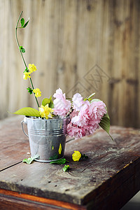 喷壶鲜花旧桌子上的樱花背景