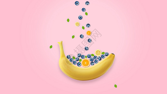 蓝莓柠檬与香蕉的创意排列图片创意水果背景设计图片