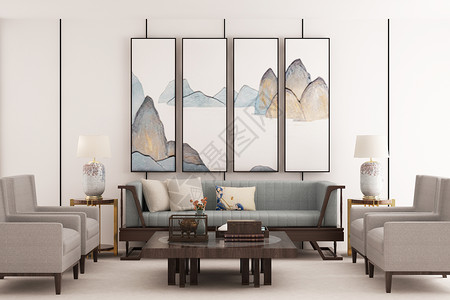 佛教壁画新中式客厅空间场景设计设计图片