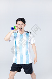 蓝紫喇叭边框世界杯青年男性喇叭庆祝背景