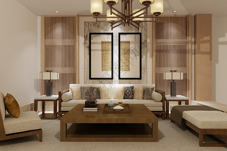 家居新中式中式客厅空间场景设计设计图片