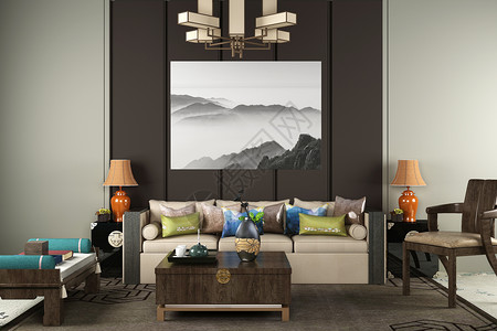 中式客厅台灯中式客厅空间场景设计图片