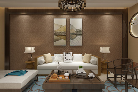 酒店壁画中式客厅空间场景设计设计图片