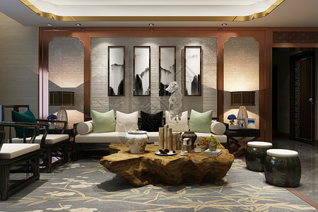酒店壁画中式客厅空间场景设计图片
