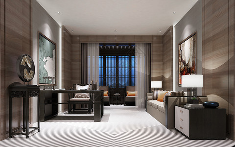 新中式白色新中式客厅效果图背景