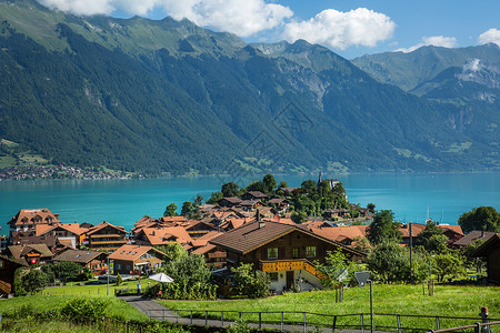 瑞士湖泊瑞士因特拉肯湖边小镇背景