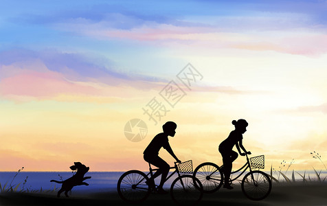 人骑车夕阳下健身人剪影设计图片