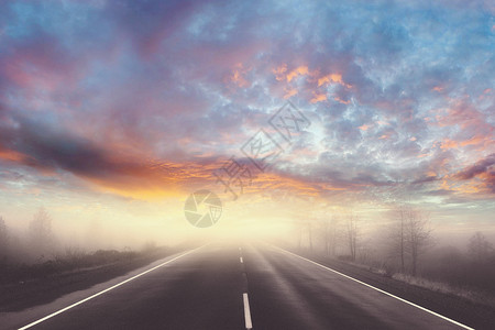 雾路晨晖下的公路设计图片