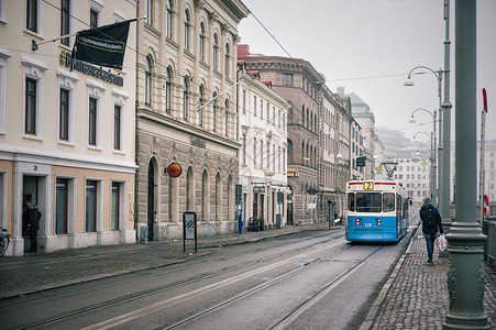复古电车瑞典哥德堡街景有轨电车背景