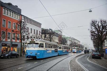 古典车瑞典哥德堡街景有轨电车背景