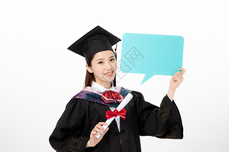 毕业框拿着蓝色气泡对话框的毕业生背景