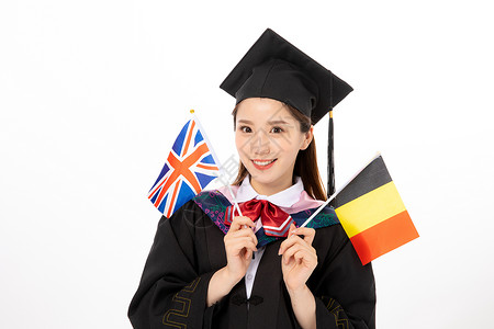德国大学手拿国旗的女大学生背景
