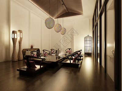 实木室内背景实木日式茶室会议室餐厅效果图背景