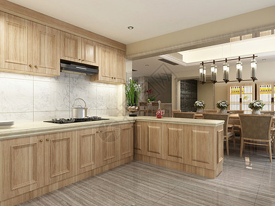 室内立体效果图实木板材厨房设计图片