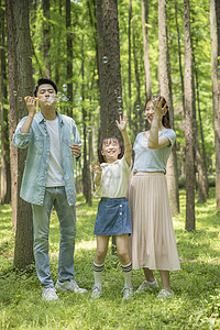 六一儿童节一家人在森林公园吹泡泡图片