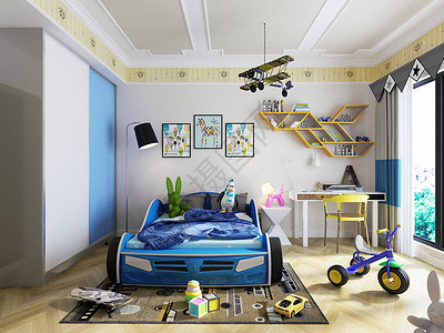 童心童趣儿童房汽车主题卧室效果图背景