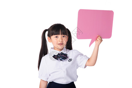 手拿粉色气泡对话框的小女孩高清图片