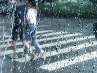 窗外雨景雨中漫步的情侣背景