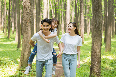 母亲节牵手一家人在公园森林里散步背景