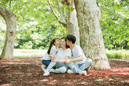 一家人坐在大树下休息背景图片