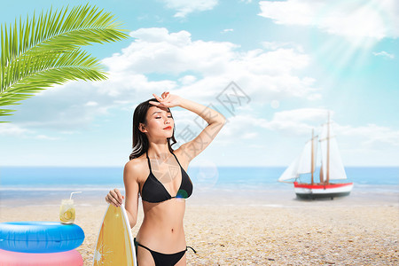 海滩帆船夏日性感美女设计图片