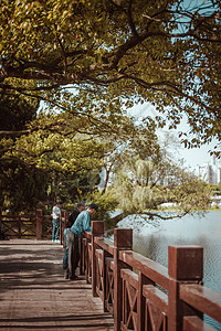 公园湖边步道图片
